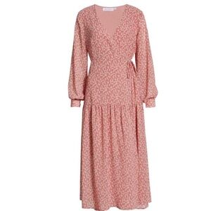 ALL IN FAVOR Long Sleeve Lined Floral Midi V-neck Wrap Dress